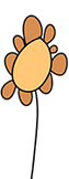 Simple drawing of an orange flower with an oval centre and rounded petals on a thin black stem.