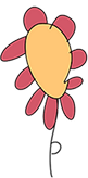 Simple drawing of a flower with a large yellow oval centre, six red oval petals, and a thin curved stem on a plain background.