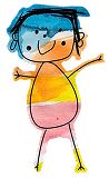 Childlike drawing of a smiling person with blue hair, orange and yellow striped body, stick arms and legs, and a simple facial expression.