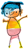 Colourful childlike drawing of a smiling person with blue hair, an orange and yellow body, pink legs, and outstretched arms.