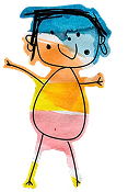 Childlike drawing of a person with blue hair, wearing a pink and yellow outfit, arms outstretched, and simple facial features on a white background.