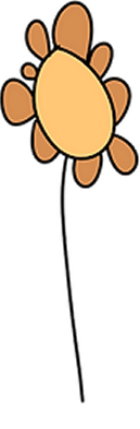 Simple illustration of a flower with a yellow centre, brown petals, and a thin, curved black stem on a plain background.