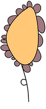 Simple drawing of a yellow, oval-shaped flower with a thin stem and small purple petals round one side.