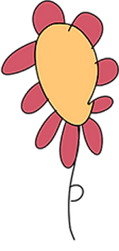 Simple drawing of a flower with a yellow oval centre, six red petals, and a thin, curved black stem on a light background.