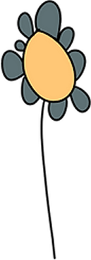 Simple drawing of a flower with a yellow oval centre, six rounded dark petals, and a thin black stem on a plain background.