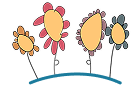 Simple illustration of four stylised flowers with yellow centres and differently coloured petals, standing in a row above a curved blue line.