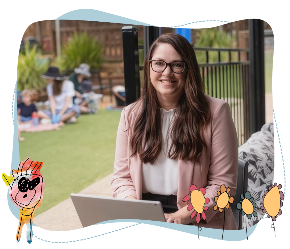 A woman with long brown hair and glasses sits outdoors with a laptop. Children play on the grass in the background. Decorative drawings frame the photo.