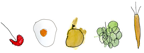 Simple illustrations of a cherry, a fried egg, an apple, a bunch of grapes, and a carrot, each spaced apart on a plain background.