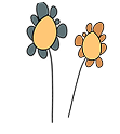 Two simple, hand-drawn flowers with yellow centres and differently coloured petals on long, thin stems, set against a plain background.