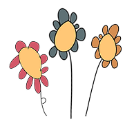 Simple illustration of three flowers with yellow centres and petals in pink, dark grey, and orange, each on a thin black stem against a plain background.