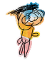 Colourful crayon drawing of a smiling stick figure with blue hair, orange shirt, and pink trousers, waving one hand.