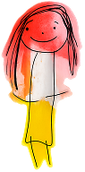 Childlike drawing of a smiling person with long hair, a pink face, and a yellow body, outlined in black with watercolour-like background.