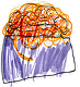Colourful child’s drawing of an object with a purple rectangular base and an orange, tangled scribble on top against a white background.
