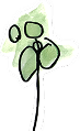 Simple drawing of a green plant with two large leaves and two small round shapes on a single thin stem, on a white background.