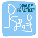 Blue square logo with abstract white stick figures, one standing, one sitting, and the words “QUALITY PRACTICE™” in the top right corner.