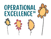 Text “OPERATIONAL EXCELLENCE” appears above four simple, hand-drawn flowers in various colours on a white background.