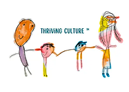 Childlike drawing of four people holding hands with the words “THRIVING CULTURE™” above them.