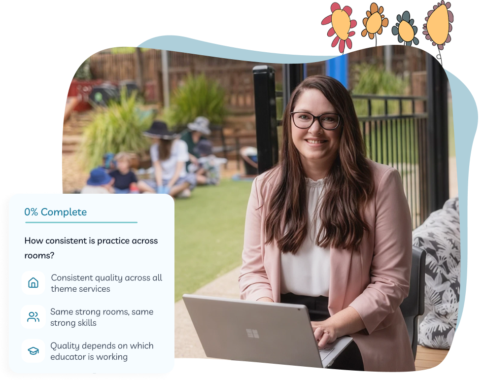 A woman in a pink blazer sits with a laptop outdoors, whilst children play in the background. An overlay lists questions about consistency in practice across rooms.