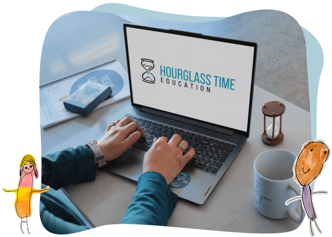Person typing on a laptop displaying “Hourglass Time Education” logo, with a notebook, mobile, hourglass, and coffee mug on the desk. Two cartoon figures are drawn in the corners.
