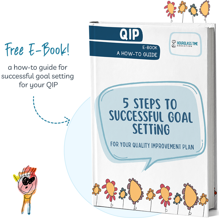 A book titled “5 Steps to Successful Goal Setting” for quality improvement plans, with cartoon flowers and a child’s hand drawing holding a heart. Text offers a free e-book guide.