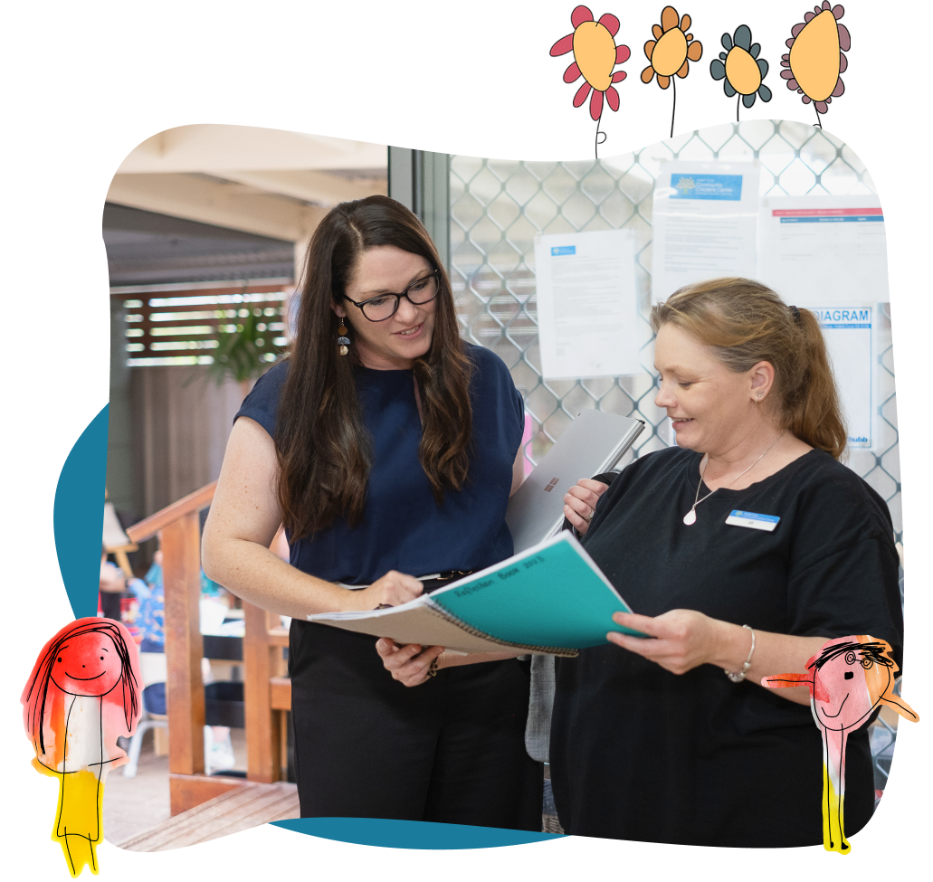 Two women stand indoors reviewing documents together; one holds a folder, the other points at a page. Children’s drawings border the image.