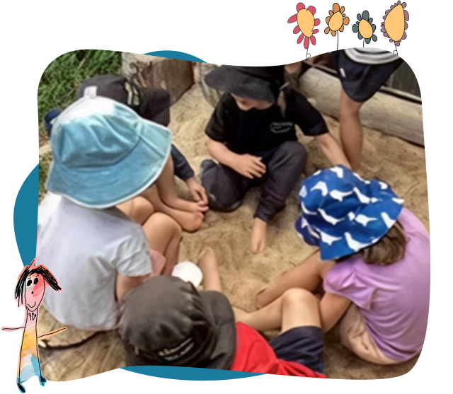 Six children wearing hats sit in a circle on sand, engaged in a group activity. Colourful drawings of flowers and a child decorate the border of the image.
