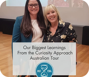 Two women standing together and smiling at an event. Text overlay reads: “Our Biggest Learnings From the Curiosity Approach Australian Tour”.